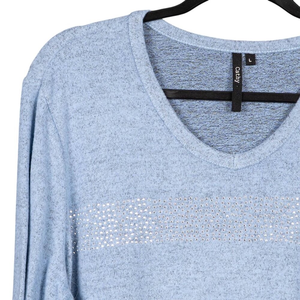 Cathy Knit Top L Womens Light Blue Rhinestone Gems Stripes 3/4 Sleeve Fleece - Picture 2 of 6